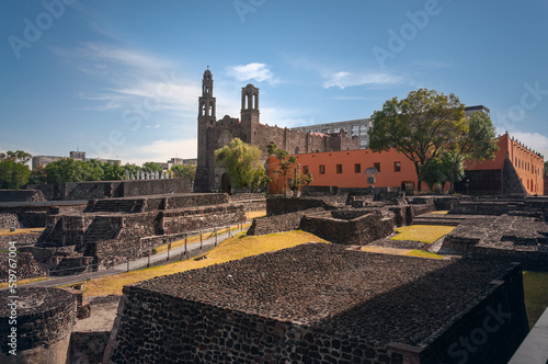Santiago Temple and Tlatelolco ruin in the Three Cultures Plaza in Mexico City, CDMX, Mexico. This public square featuring remains of an Aztec city was the site of the 1968 Tlatelolco Massacre. 