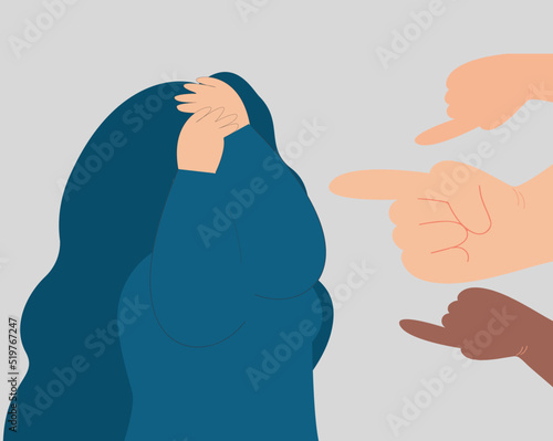 People surround a woman and point fingers on her. Female covers her face and feels ashamed. School girl bullied by her classmates. Stop violence or abuse against children and women. Vector stock.