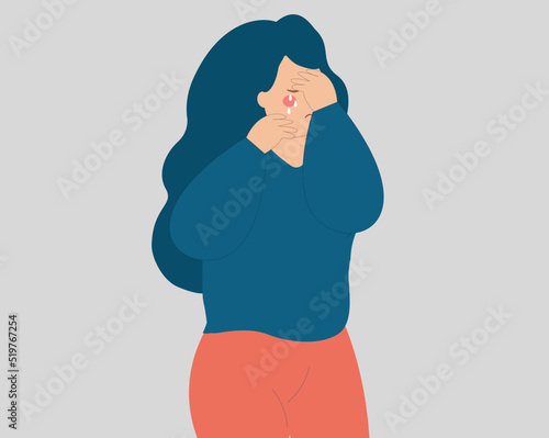 Stressed young woman crying and covering her face. Sad teenage girl weeping negative emotions and feels depression. Concept of mental health disorder. Illustration of women's abuse and bullying. 