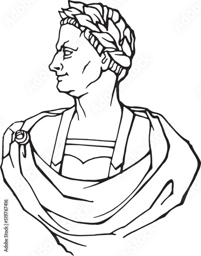Vector linear sketch: sculpture, bust of Caesar. Black on white element for design card, poster, illustration about ancient culture or art.