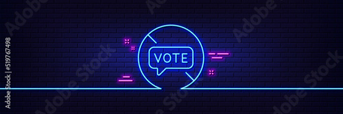 Neon light glow effect. Stop voting line icon. Do not vote sign. No public election symbol. 3d line neon glow icon. Brick wall banner. Stop voting outline. Vector
