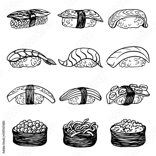 Hand drawn sushi and rolls illustration collection isolated on white background. Vector Roll sushi for asian cuisine menu or restorante design. photo