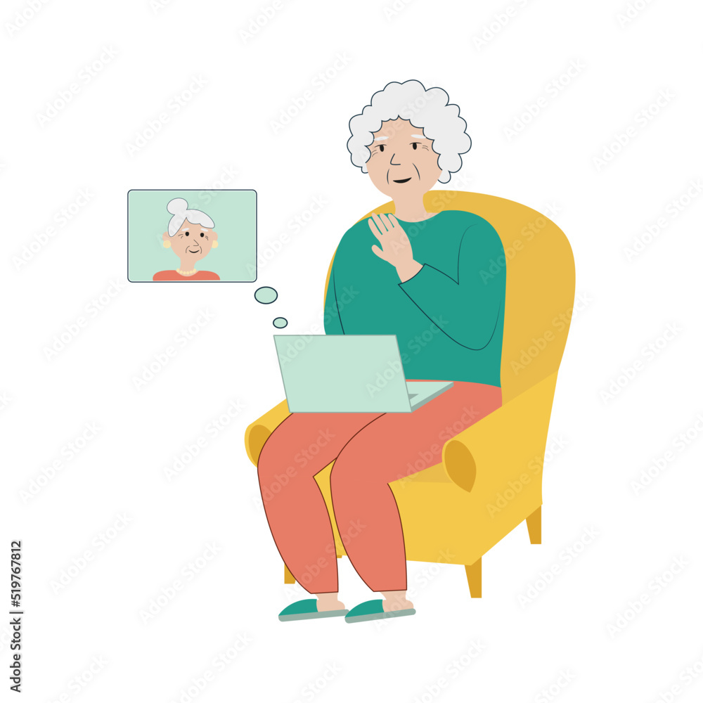 Happy grandmother with a laptop. An elderly woman talking to a friend via video link. the concept of mastering modern technology by the elderly Happy grandmother with a laptop. An elderly woman talking to a friend via video link. the concept of mastering modern technology by the elderly