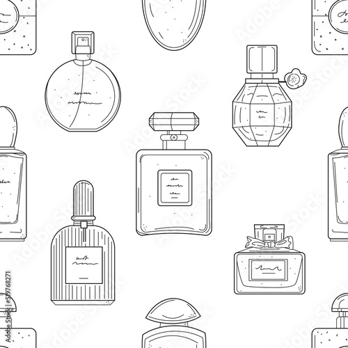 Perfume bottles line art style seamless pattern. Glass flasks with perfume, eau de toilette, fragrance in doodle style. Vector repeat texture in sketch style. Black and white illustration