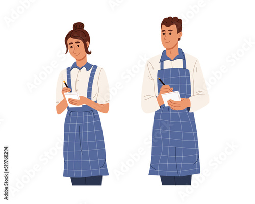 Cafe employees take an order. Young woman and man waiter in uniform listening and writing notes. Colored flat graphic vector illustration isolated on white background