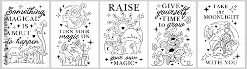 Line art boho graphic.Silhouette vintage prints for t-shirt, tee, celestial affirmations.Alchemy Sacred posters with inspirational slogans. Monohrom, two colors- black and white frames with quotes