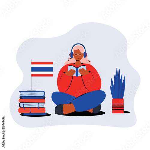 Online Thai language courses flat vector illustration. Distance education, distance school, Greek University. A student is reading a book. Online classroom, e-learning language school in Thailand

