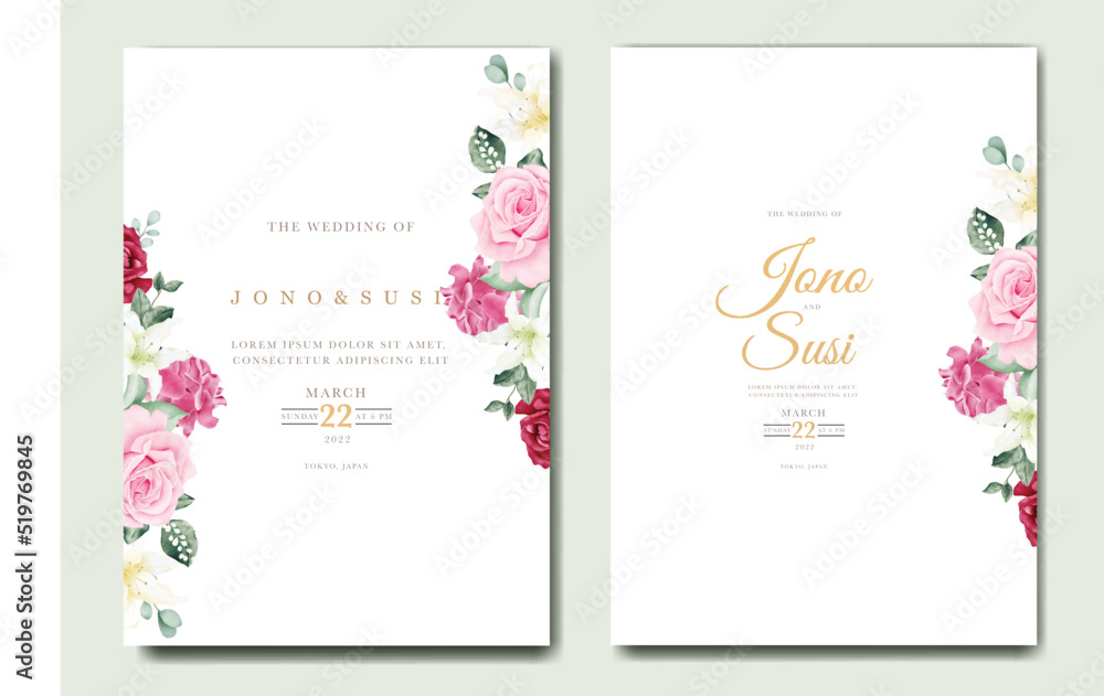 Beautiful wedding invitation card template with floral leaves 