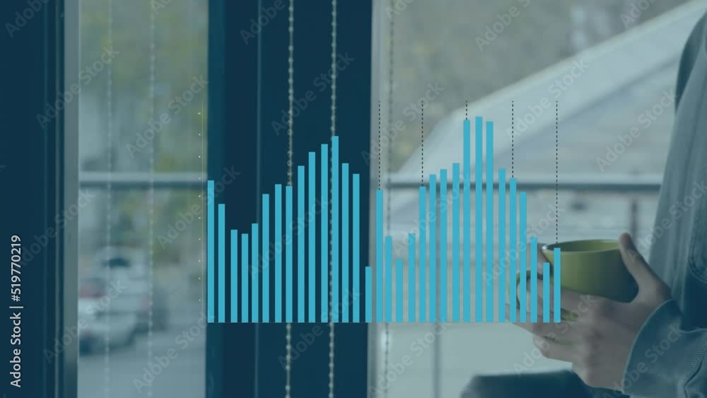 Animation of statistical data processing over biracial man drinking coffee at home Animation of statistical data processing over biracial man drinking coffee at home