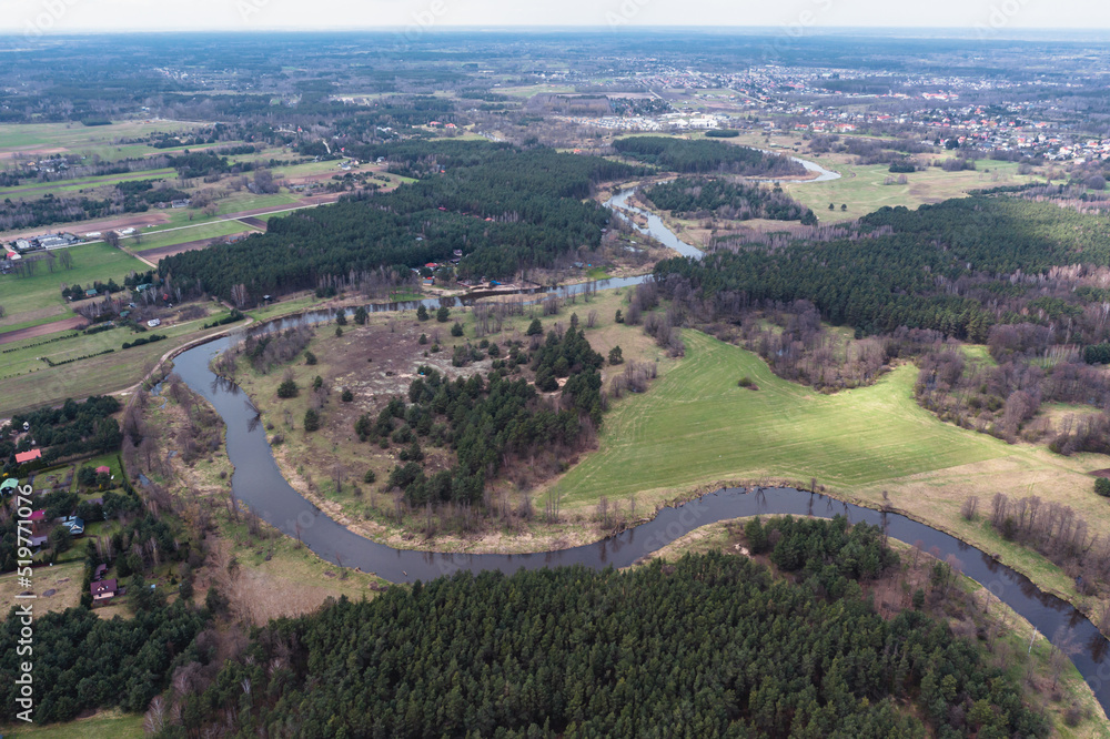 Drone photo of River Liwiec near Starowola, small village on Mazowsze region of Poland