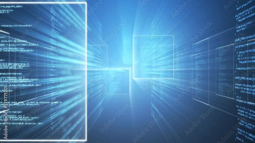 Animation of data processing over light trails and squares on black background Animation of data processing over light trails and squares on black background