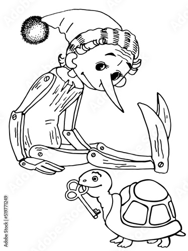Illustration for children's book Pinocchio, turtle and golden key, coloring book