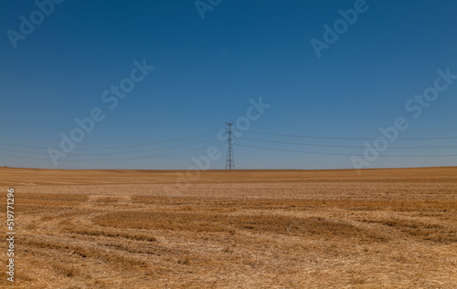 Transmission tower on wheat field against blue sky. Castilla y Leon, Spain