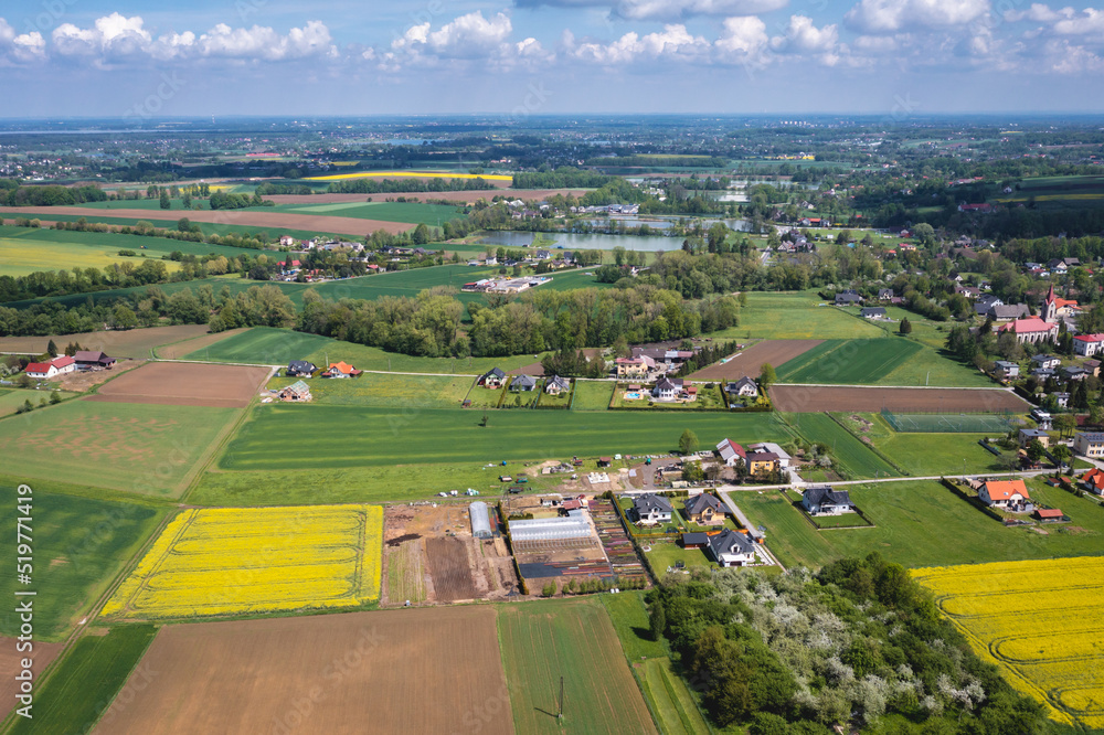 Drone photo of Miedzyrzecze Gorne village in Silesia region, Poland