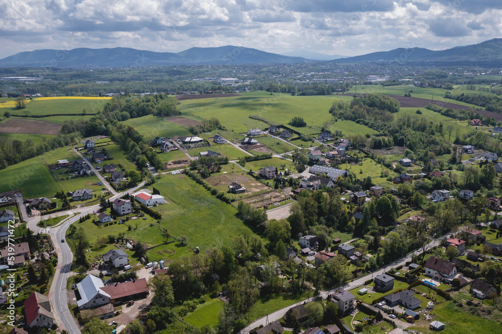 Miedzyrzecze Gorne village in Silesia region of Poland, drone aerial photo