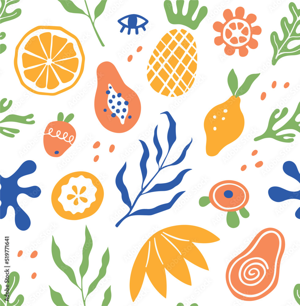 summer seamless pattern with hand-drawn fruits and leaves. colorful vector illustration summer seamless pattern with hand-drawn fruits and leaves. colorful vector illustration