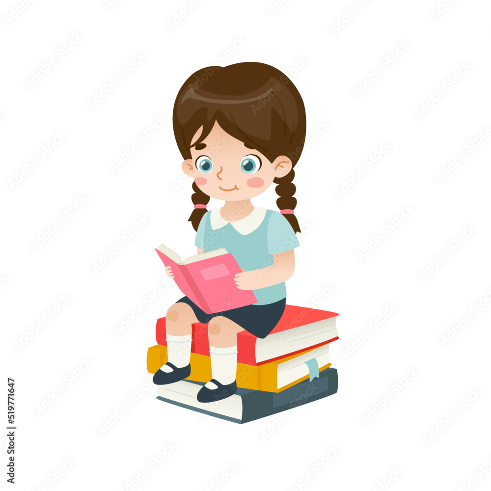 Cute girl sitting on books stack and reading. Clever kid studying. Adorable pupil learning. Cute girl sitting on books stack and reading. Clever kid studying. Adorable pupil learning.