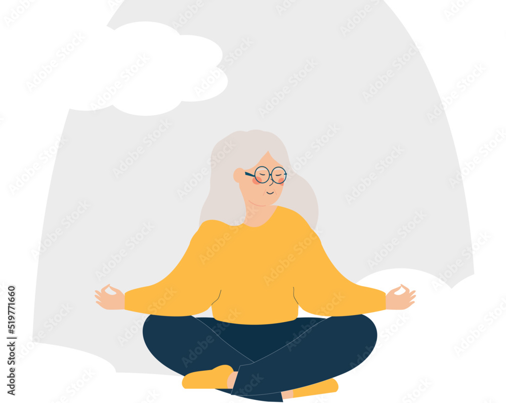 Elderly woman relaxing in lotus yoga posture. Senior female meditating next to the window to maintain her balance and harmony with the nature. Mental health wellbeing of grandparents concept. Vector. Elderly woman relaxing in lotus yoga posture. Senior female meditating next to the window to maintain her balance and harmony with the nature. Mental health wellbeing of grandparents concept. Vector.