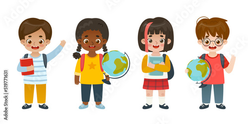 Set of diverse school children. Happy cartoon kids with globes and books. Cute pupils collection.