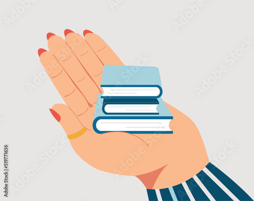 Big hand holding a stack of books. Isolated illustration of world Book Day and international Library Day. Concept of Learning, Education and Literacy. Vector stock