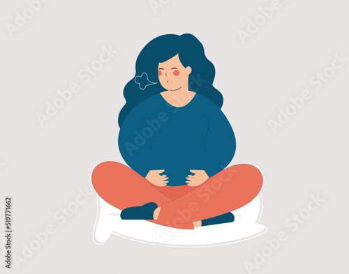 Woman expecting a child and practices some a breathing exercice. Pregnant sits in yoga pose lotus and makes a exhale. Concept of maternity wellbeing and respiratory system. Vector illustration
