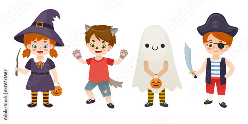 Set of babies in cute halloween costume. Cartoon dressed up children collection. Funny kids in halloween costumes.