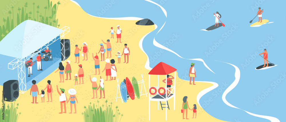 Surf picnic vacation by the sea. A lifeguard on a tower near the sea watches surfers floating on the water. In summer, people listen to music on the seashore. Water sports. Flat vector illustration Surf picnic vacation by the sea. A lifeguard on a tower near the sea watches surfers floating on the water. In summer, people listen to music on the seashore. Water sports. Flat vector illustration