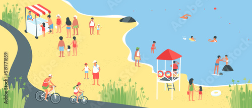 Summer vacation on the seashore people bathe. A lifeguard on a tower by the sea watches people. Father and daughter ride bikes on the bike path. Children eat ice cream. Flat vector illustration