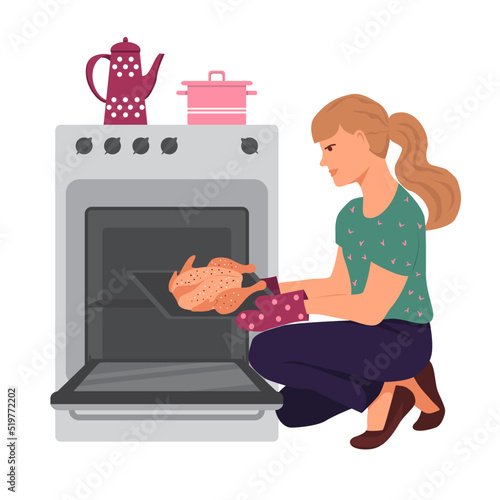 Girl is sitting in front of an open oven with a dish. Young woman puts the chicken in the oven. The concept of cooking at home. Vector Illustration in a flat style on white background.