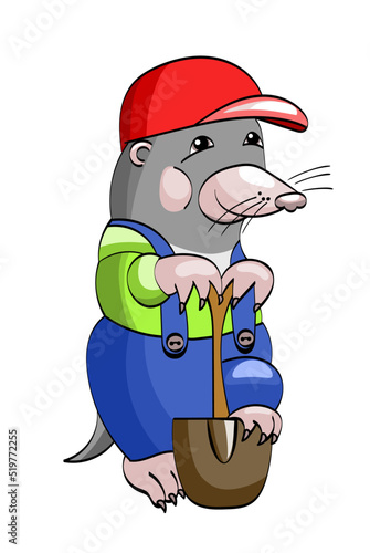 Cartoon mole worker with a showel, ready to dig. Vector illustration, isolated on white.