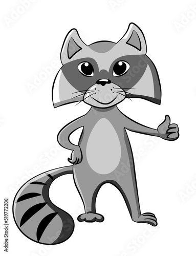 Funny cartoon raccoon with thumb up gesture. Vector illustration isolated on white.