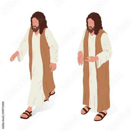 Jesus standing, front and side view. Isometric vector illustration, isolated figure.