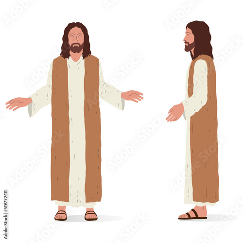 Jesus standing, front and side view. Isometric vector illustration, isolated figure.
