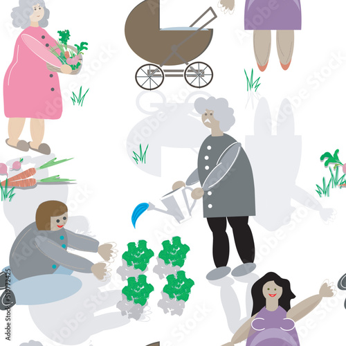 Set of people in situations: everyday scenes, people of different ages, different generations, proximity to nature, sustainability life. Vector graphics for fabric, backgroun.