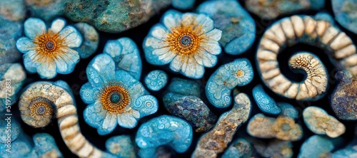Ammonite  flower shell rock art spirals in Aquamarine ocean blue with hints of Lapis Lazuli. Soothing calm summer nautical beach colors. Digital art.  photo