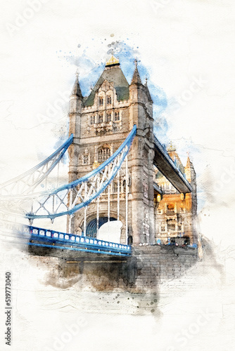 Tower Bridge over the river Thames, London. Digital watercolour of this iconic landmark