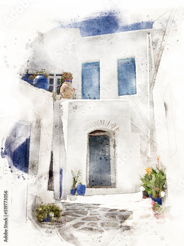 Traditional Greek village of whitewashed houses with blue windows and doors. Digital watercolour. © Rixie