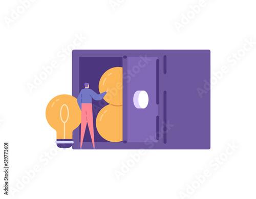 concept of stock of ideas and solutions. people keep lamps in safes. Innovative and creative person. backup and inventory plans. protection of ideas or copyrights. flat cartoon illustration. metaphor 