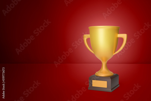 Golden winner cup on red background. Template Copy space for text. mock-up. 3d render