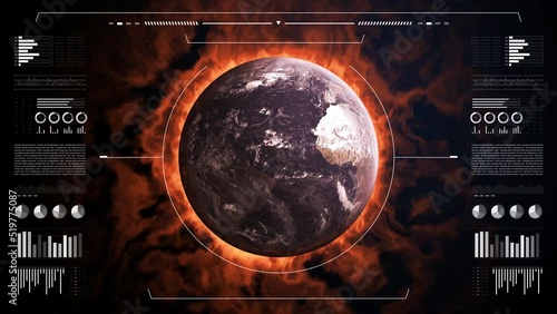 Climate changes analysis. Digital interface with animated infographics, data report and stats. Global warming study concept. Earth globe 3d burning for climate changes. photo