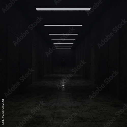 horror corridor and ghost girl in a horror dark night forest background. the macabre scene background. 3d illustration