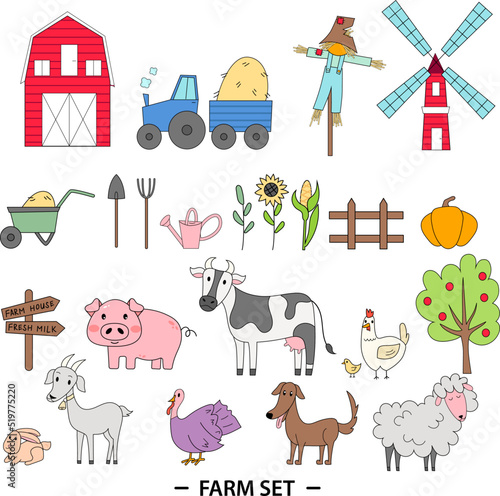 Farmers set. Vector icon set of farm rural buildings with animals, vegetables, farmhouse, tractor, windmill, fence. Local product. Agriculture and farming concept. Village life