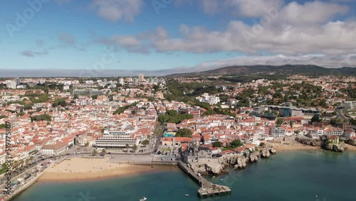 Wallpaper Mural Hyperlapse drone aerial view of Cascais Bay, Portugal approaching Ribeira Beach with Sintra mountains on background Torontodigital.ca