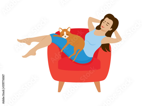 Happy young woman relaxing in an armchair with her cat vector. Woman resting with hands behind her head illustration isolated on a white background. Girl and pet cat sleeping on a red sofa drawing