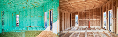 Tableau sur toile Photo collage before and after thermal insulation room in wooden frame house in Scandinavian style barn house