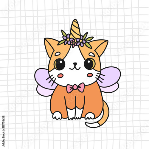 Kawaii unicorn cat. Vector illustration of a kitten. Cute cat. A cat in a unicorn costume
