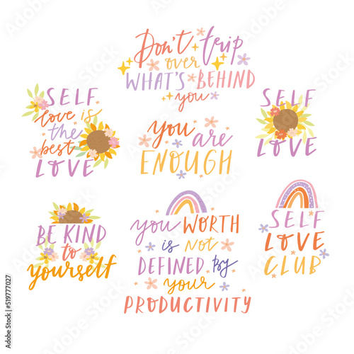 Set of lettering self love. Motivational quotes. Inspirational lettering. Vector lettering mental health. Your are enough.