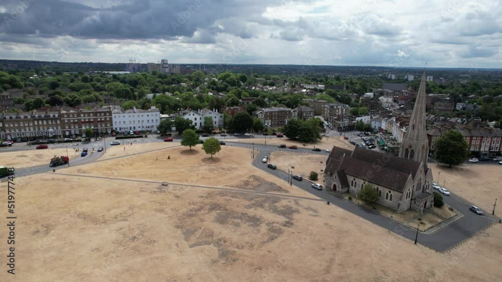 Blackheath London UK panning drone aerial view in summer drought Blackheath London UK panning drone aerial view in summer drought