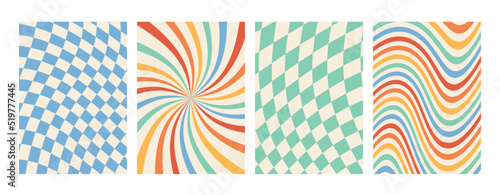 Groovy rainbow backgrounds. Chessboard, grid, waves, swirl, twirl pattern.. Twisted and distorted vector texture in a trendy retro psychedelic style. The aesthetics of the hippies of the 70s.