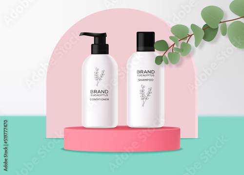 Realistic eucalyptus cosmetics set, beauty lotion bottle cosmetics, eucayptus design, treatment cosmetics collection vector, beauty cosmetics on eucalyptus background
